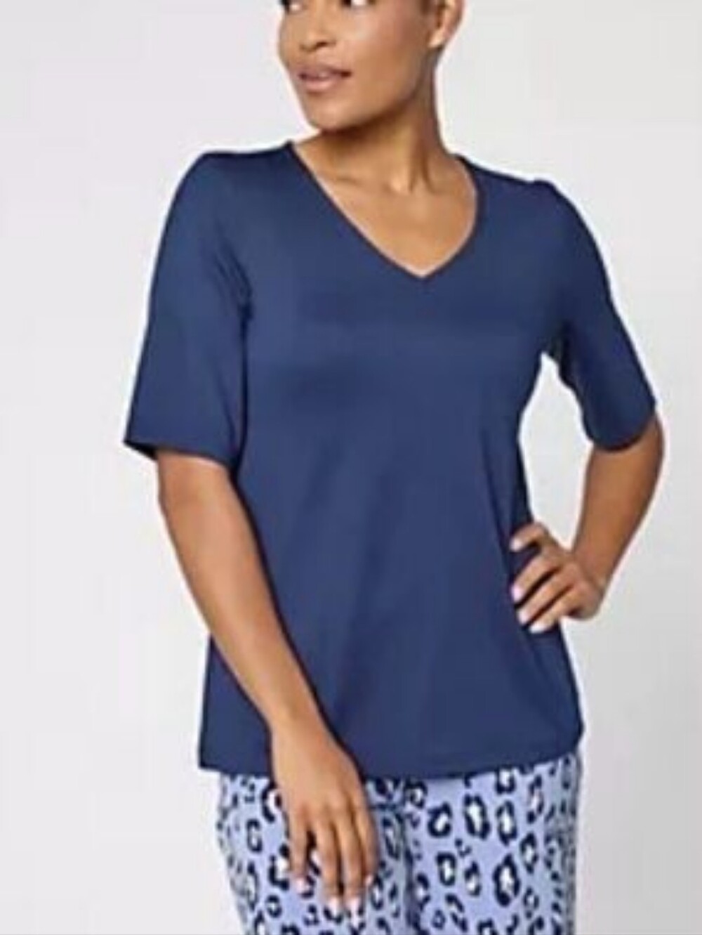 Susan Graver Navy V-Neck Butterknit Elbow Sleeve Top